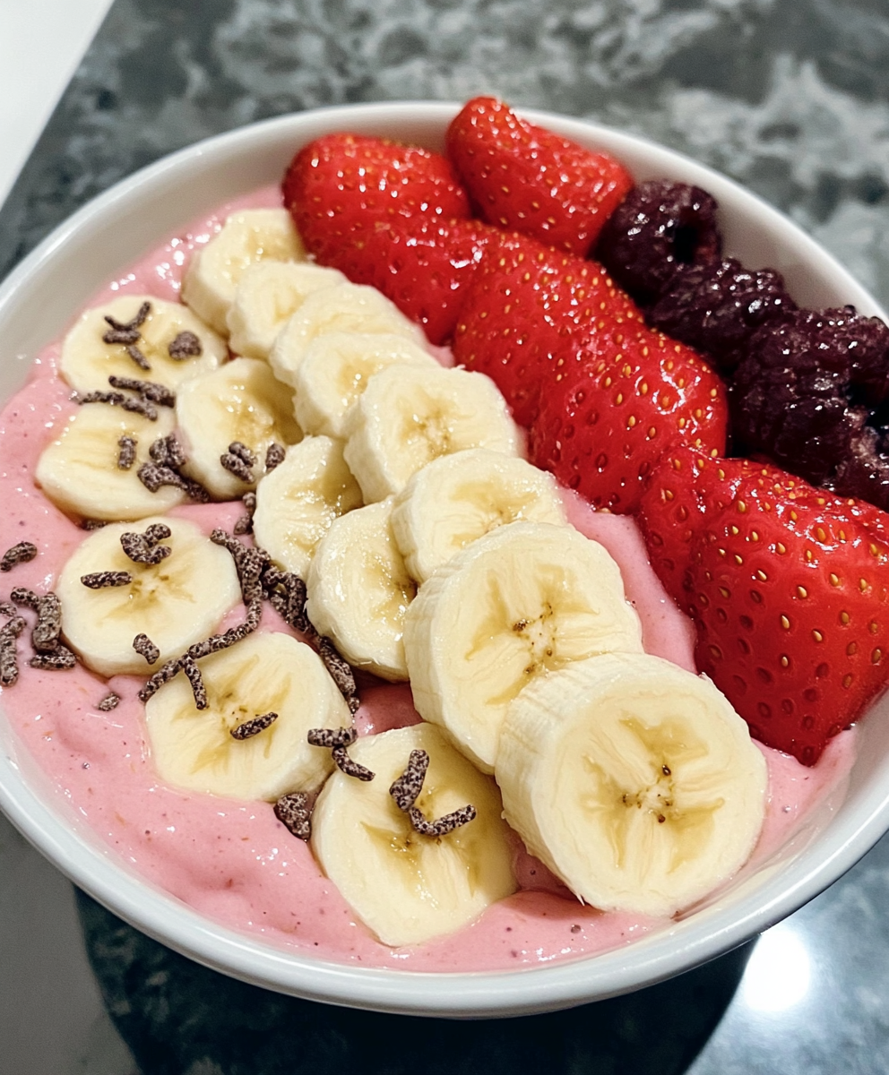 Smoothie bowl in bowl with fresh strawberries and banana slices