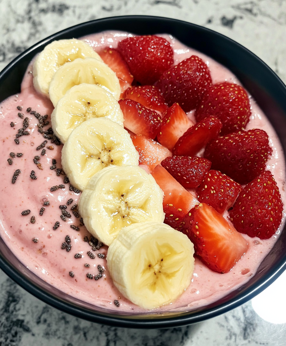 Overhead of smoothie bowl with toppings and spoon