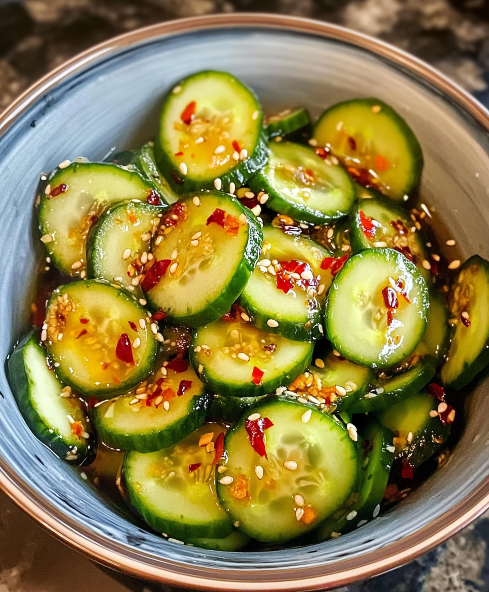 Spicy Asian cucumber salad in a bowl with sesame seeds