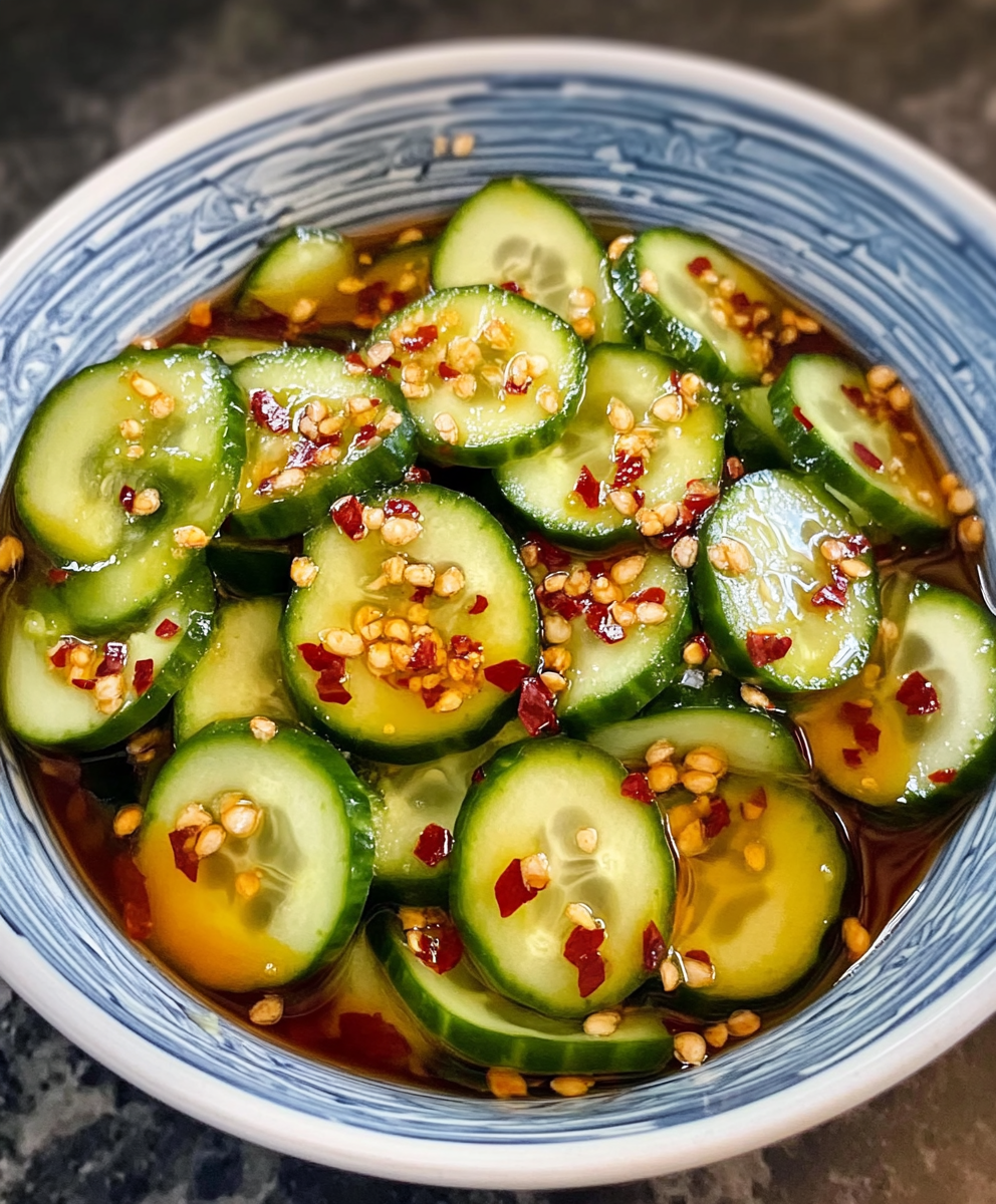 Close-up of seasoned cucumber spirals with chili oil