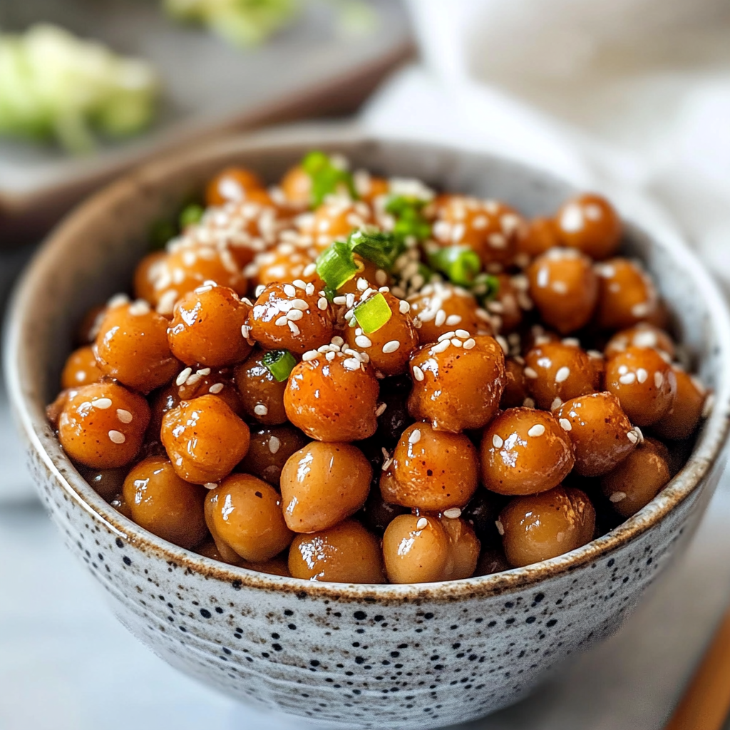 Sticky sesame chickpeas in a skillet