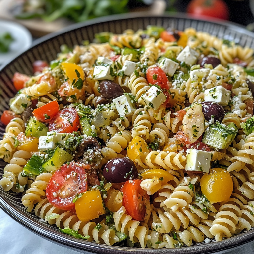 Greek pasta salad bowl with farfalle, cucumbers, tomatoes and feta