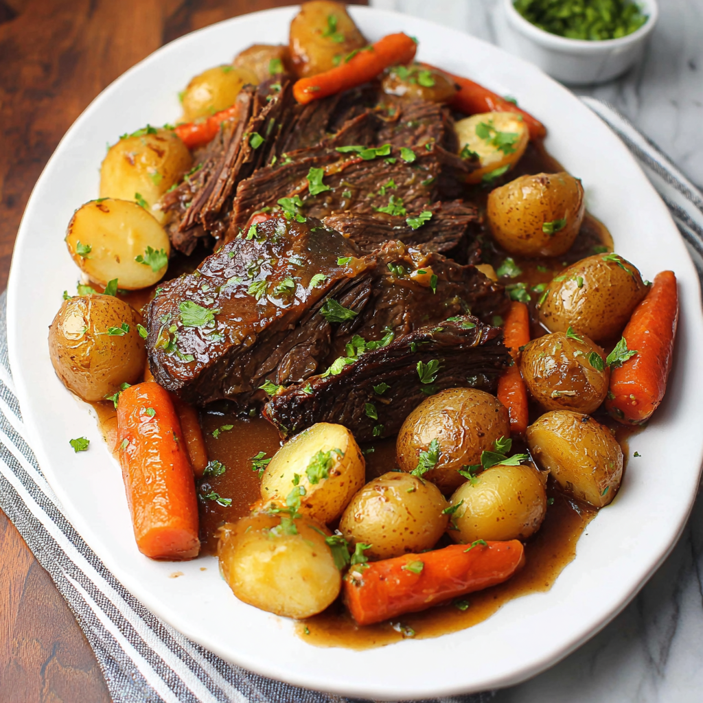 Slow cooker pot roast on a platter with carrots and potatoes