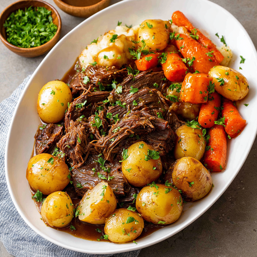 Sliced pot roast with gravy being poured
