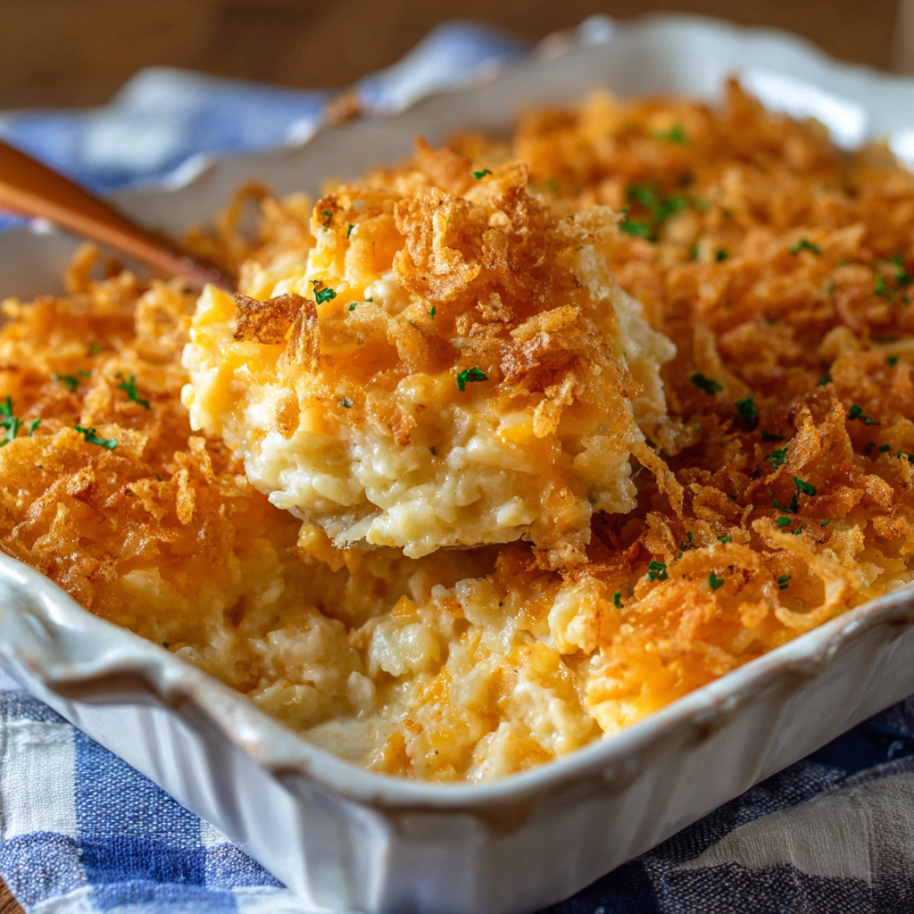 Golden cornflake topping on cheesy potatoes
