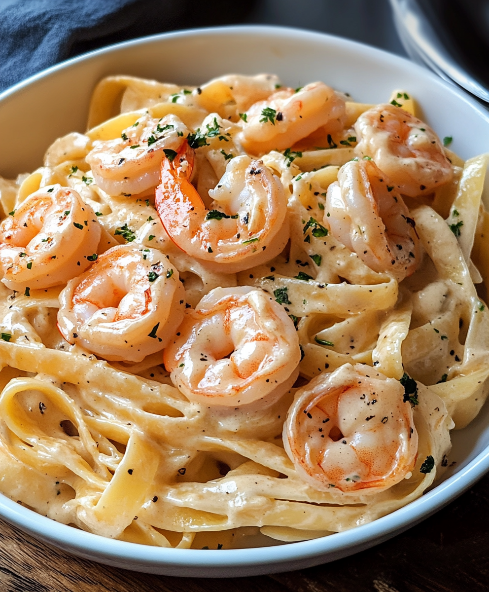 Plated shrimp fettuccine alfredo with parsley garnish