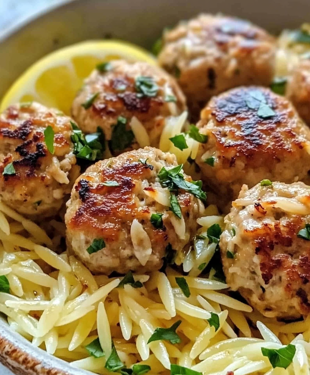 Greek Chicken Meatballs with Lemon Orzo