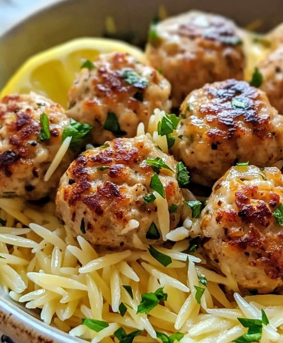Plated lemon orzo topped with feta and parsley