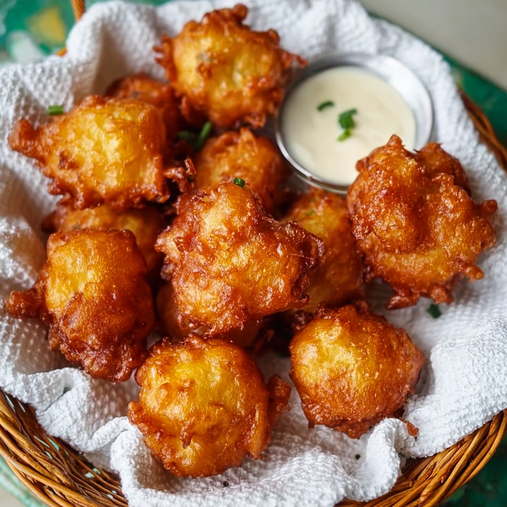 Amish onion fritters frying in a skillet