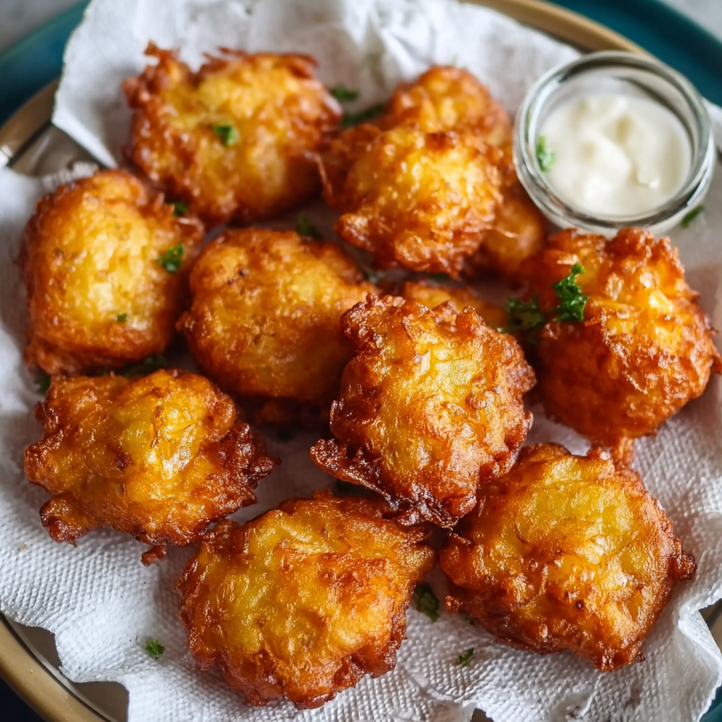 Stack of golden onion fritters on a plate
