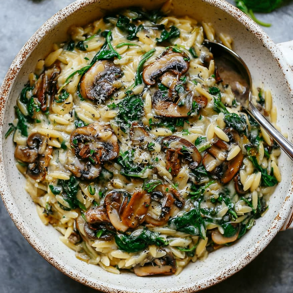 Sautéed mushrooms and orzo in a skillet