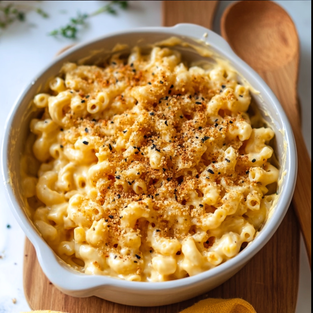 Baked vegan mac and cheese with crisp breadcrumb topping in a casserole dish
