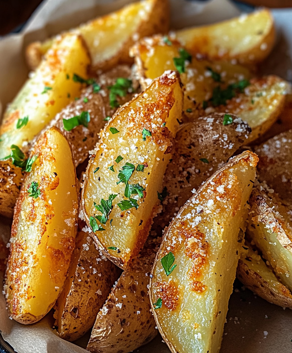 Baked garlic parmesan potato wedges on a baking sheet