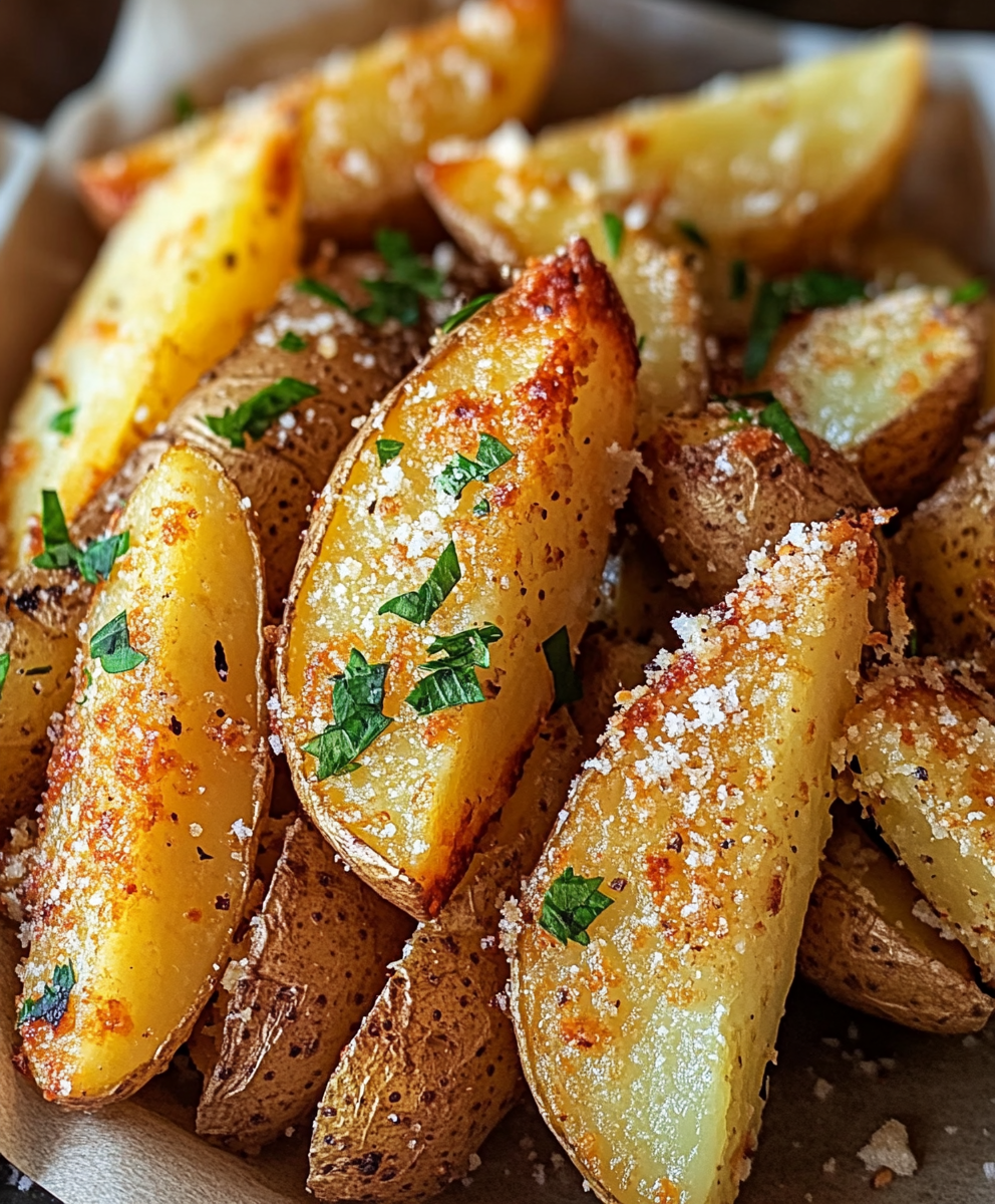 Close-up of golden potato wedges sprinkled with parmesan and parsley
