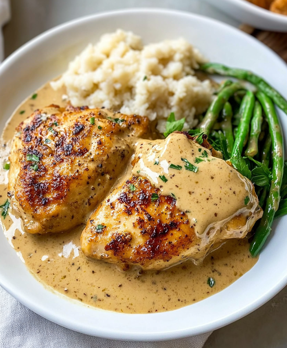 Golden seared creamy garlic chicken in skillet