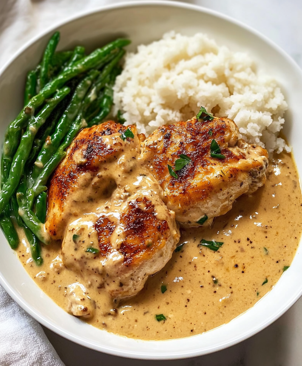 Creamy sauce spooned over chicken with parsley garnish