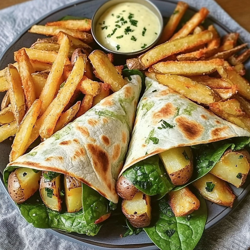 Spinach wraps and baked fries on a serving board