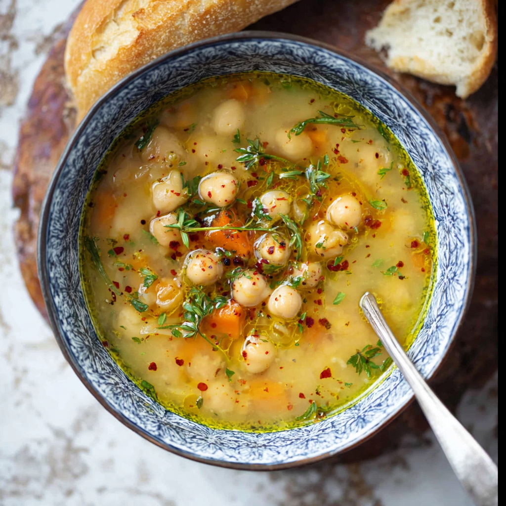 Bowl of chickpea soup with roasted chickpeas on top
