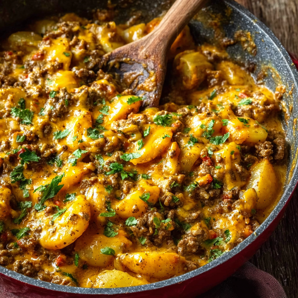 Cheesy one pot beef and potatoes in skillet
