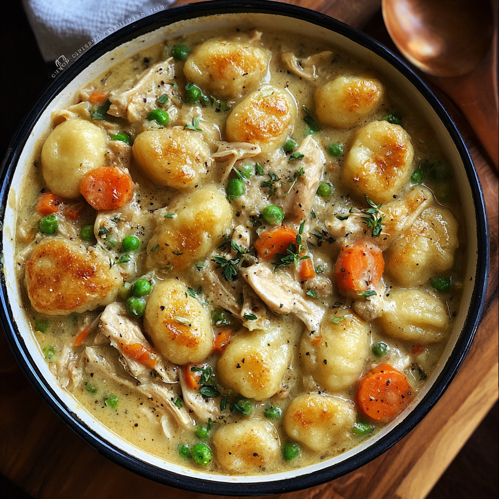 Creamy gnocchi chicken pot pie in a bowl