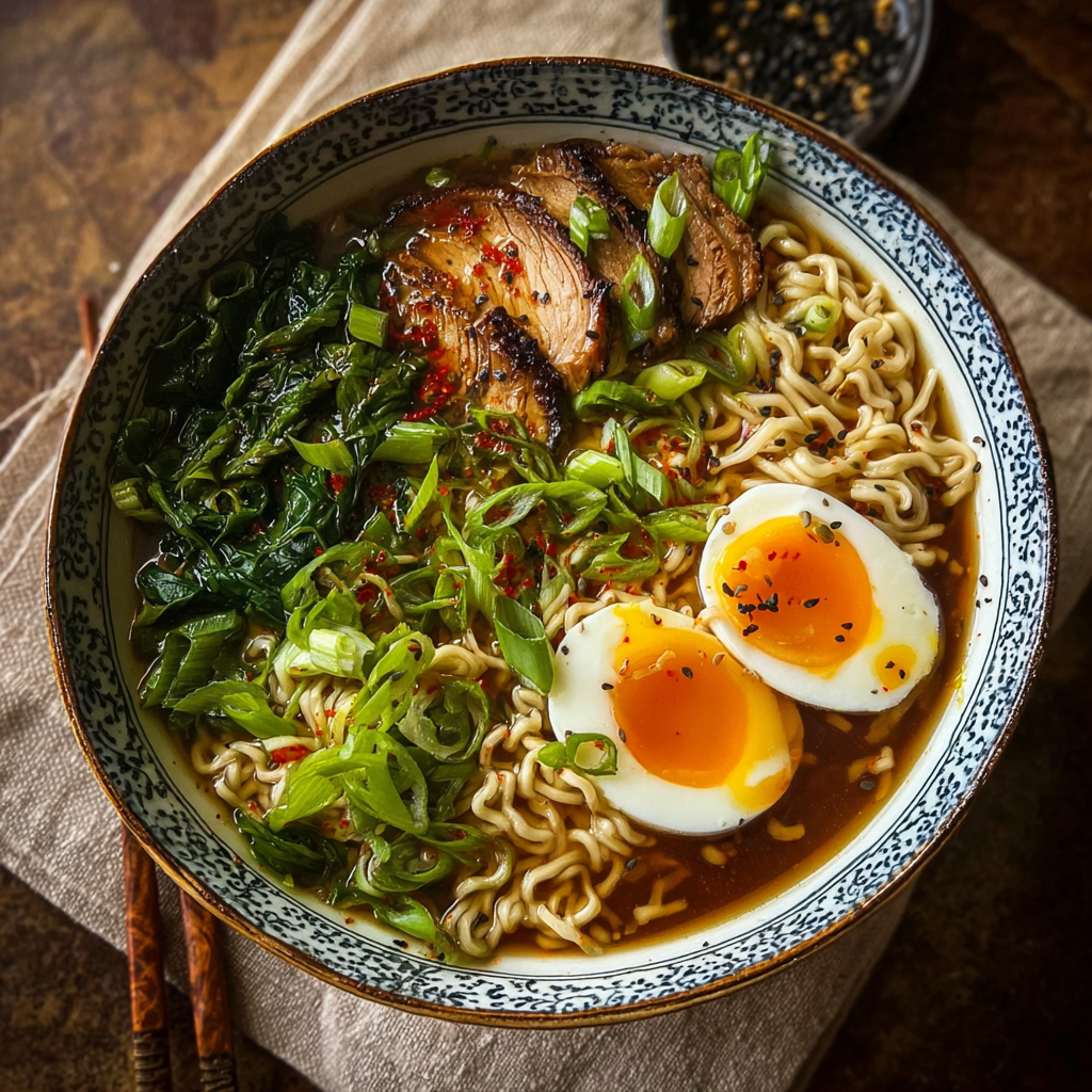 Bowl of chicken ramen with egg and nori