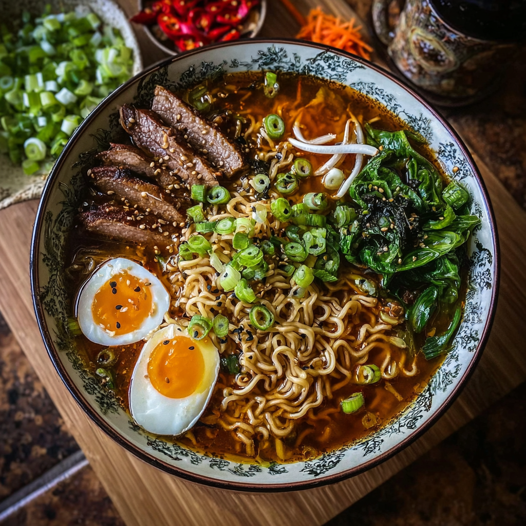 Soft boiled eggs and sliced chicken for ramen