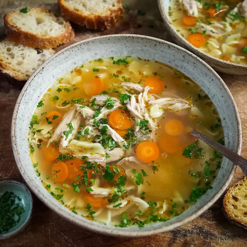Bowl of homemade chicken soup with herbs