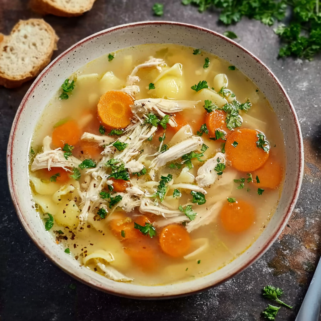 Shredded chicken ready to add to soup pot