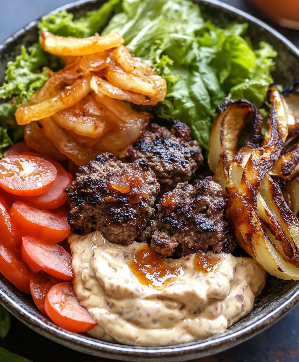 Burger bowl with patty, fries and aioli