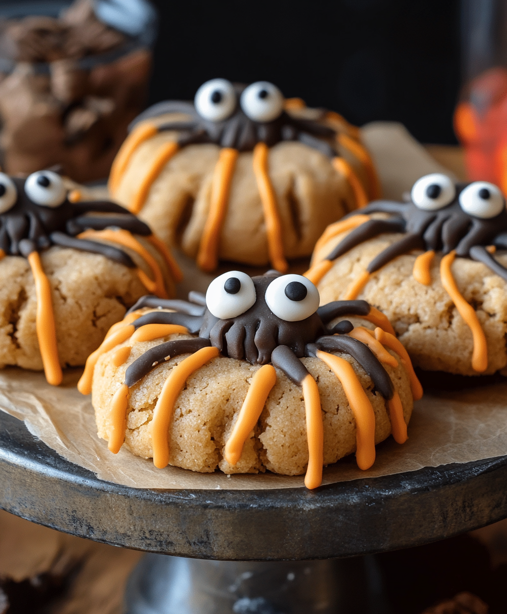 Finished peanut butter spider cookies arranged on a tray