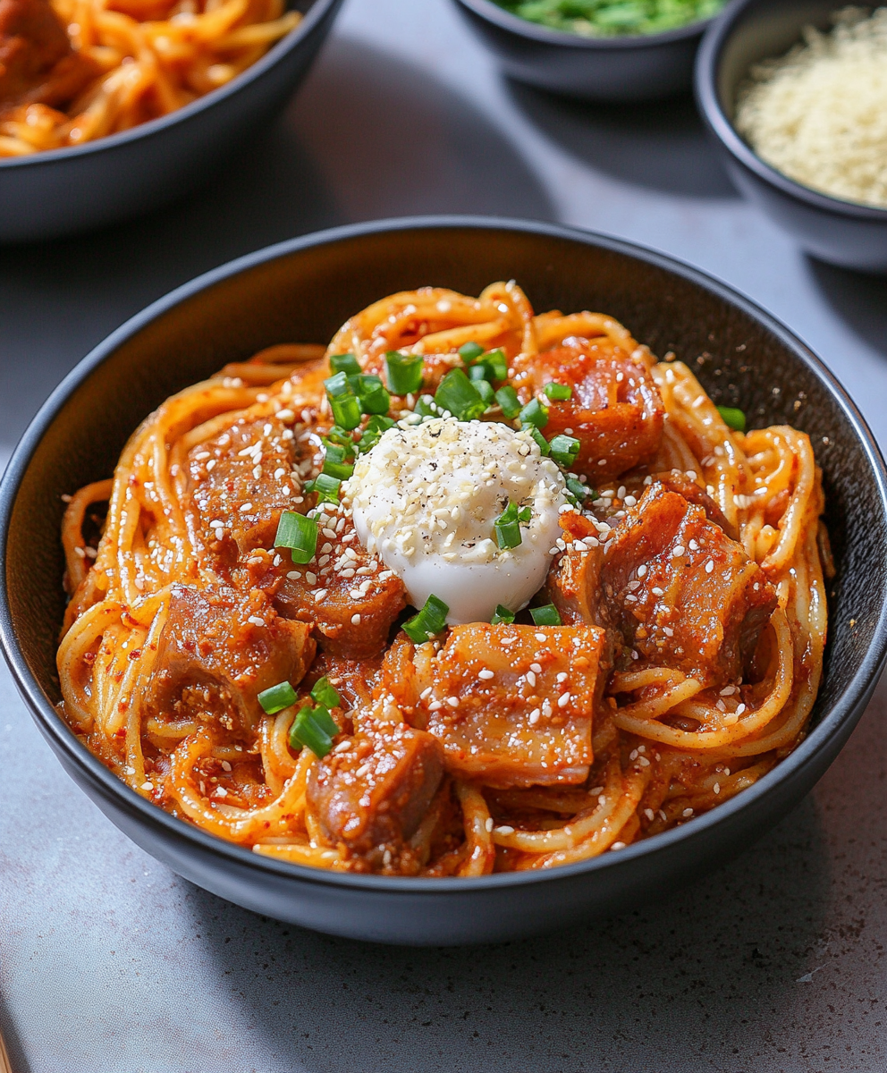 Creamy ssamjang pasta with pork belly and green onions