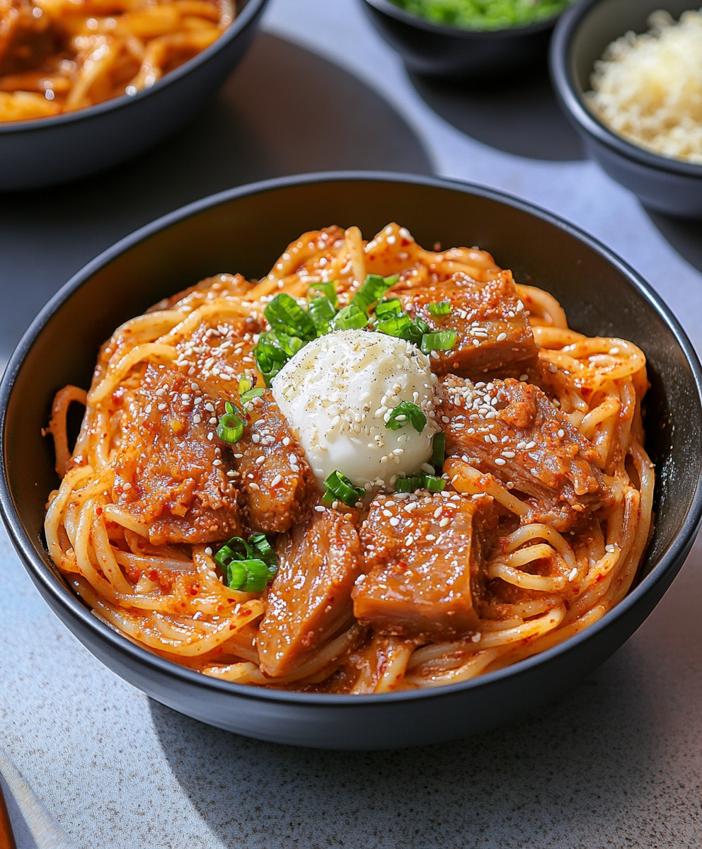 Close up of pork belly ssamjang pasta with egg