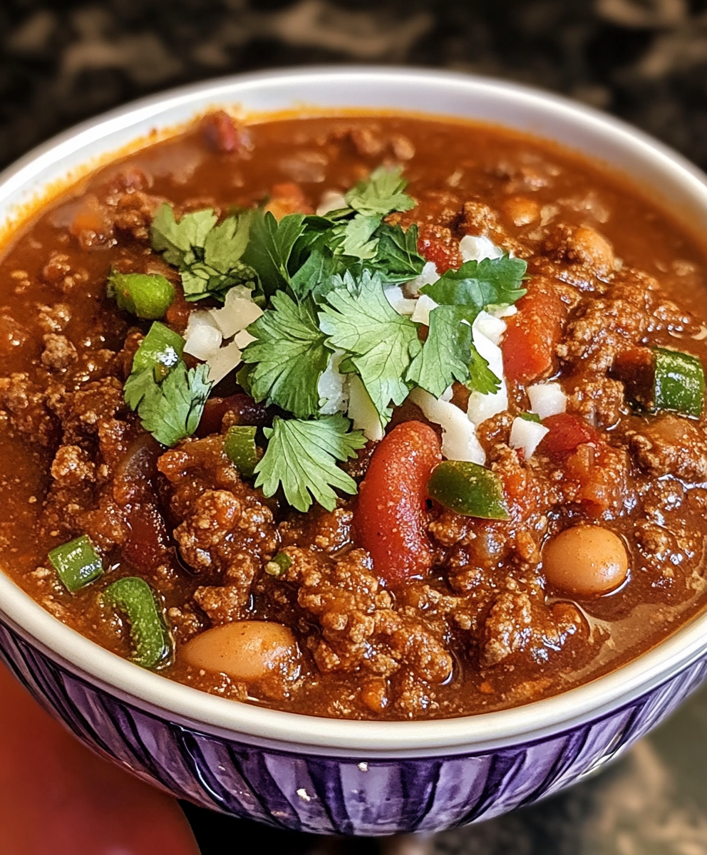 A steaming bowl of classic chili