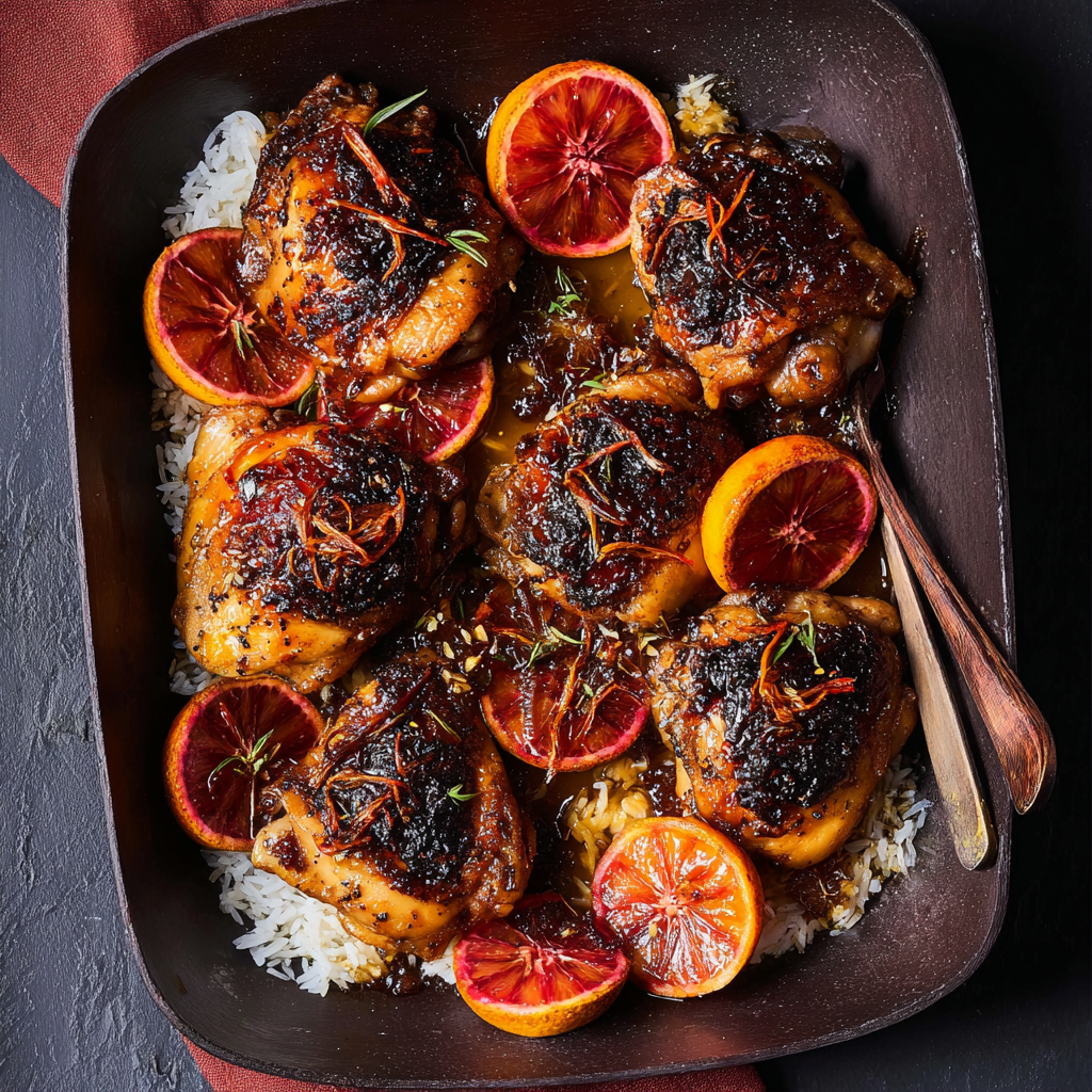 Blood orange glazed chicken thighs in baking tray