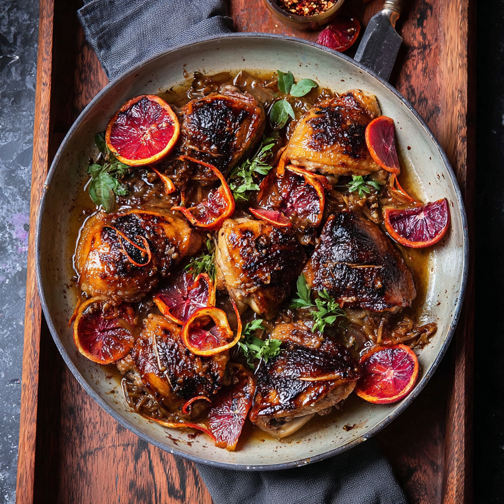 Plated blood orange chicken with steamed greens