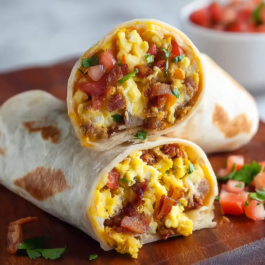 Stack of wrapped breakfast burritos ready for the freezer