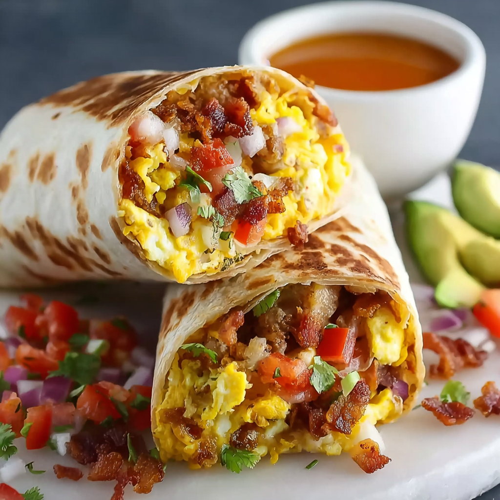 Open breakfast burrito showing egg, sausage, and tots