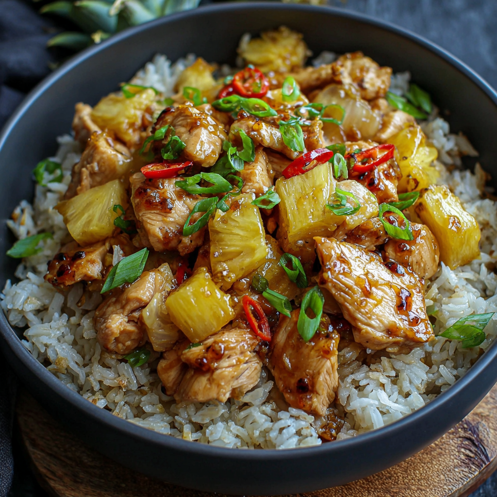 Portion of pineapple chicken over rice
