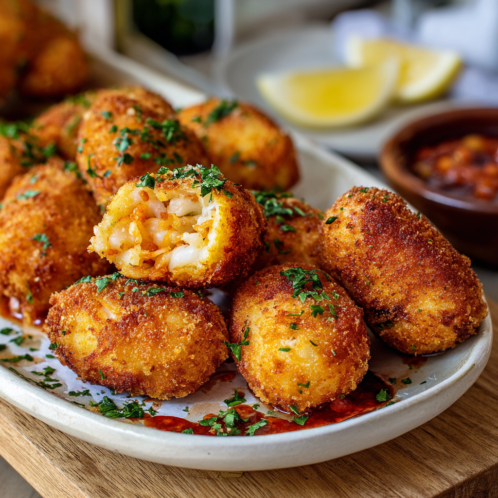 Golden Portuguese shrimp turnovers on a serving platter