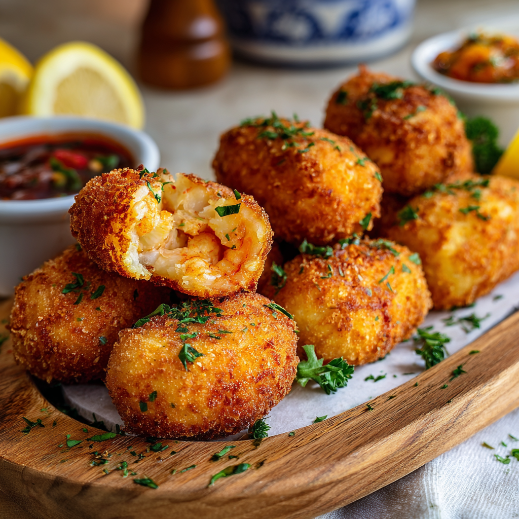 Close-up of a rissol de camarao cut open to show creamy shrimp filling