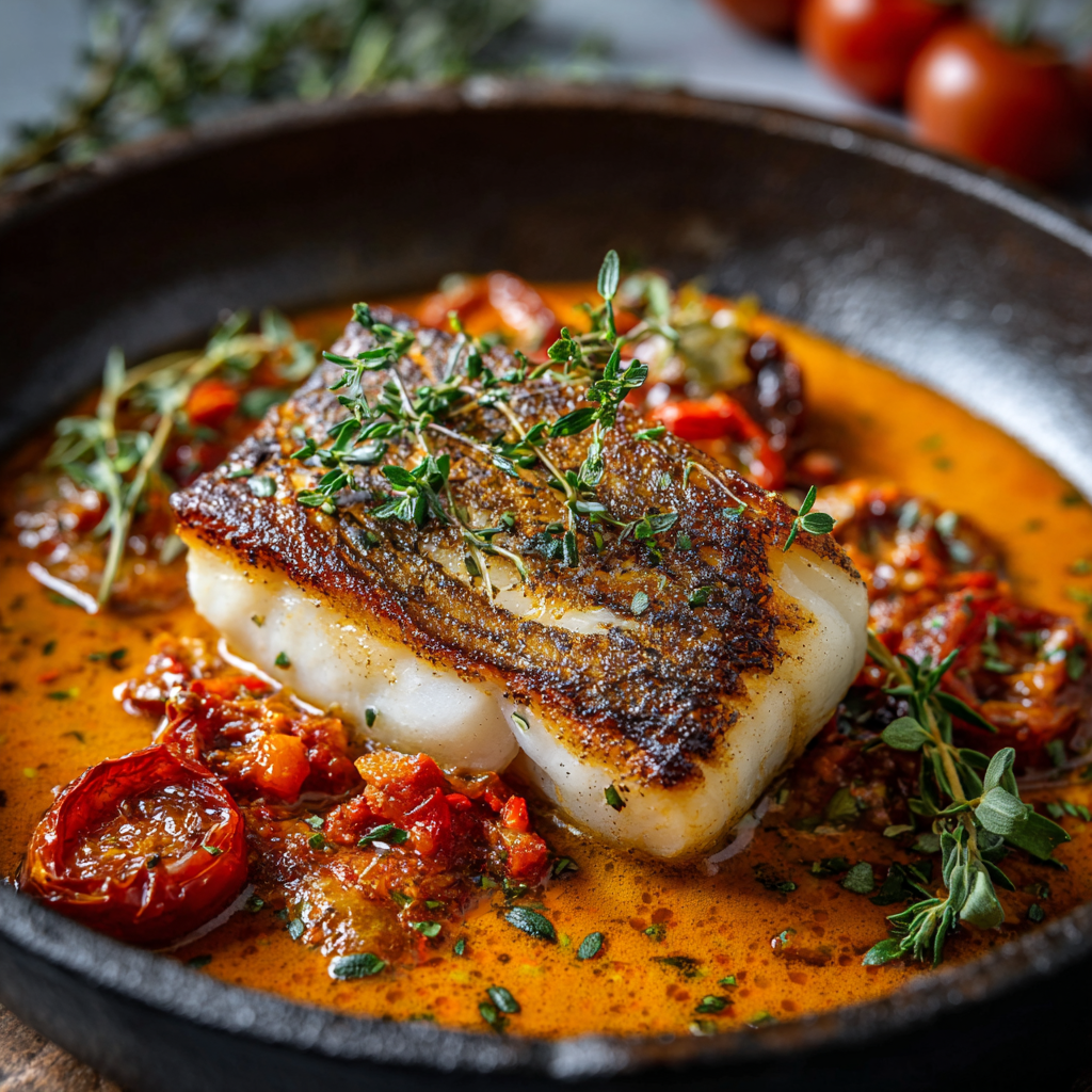 Pan-Roasted Chilean Sea Bass with Roasted Red Pepper Sauce