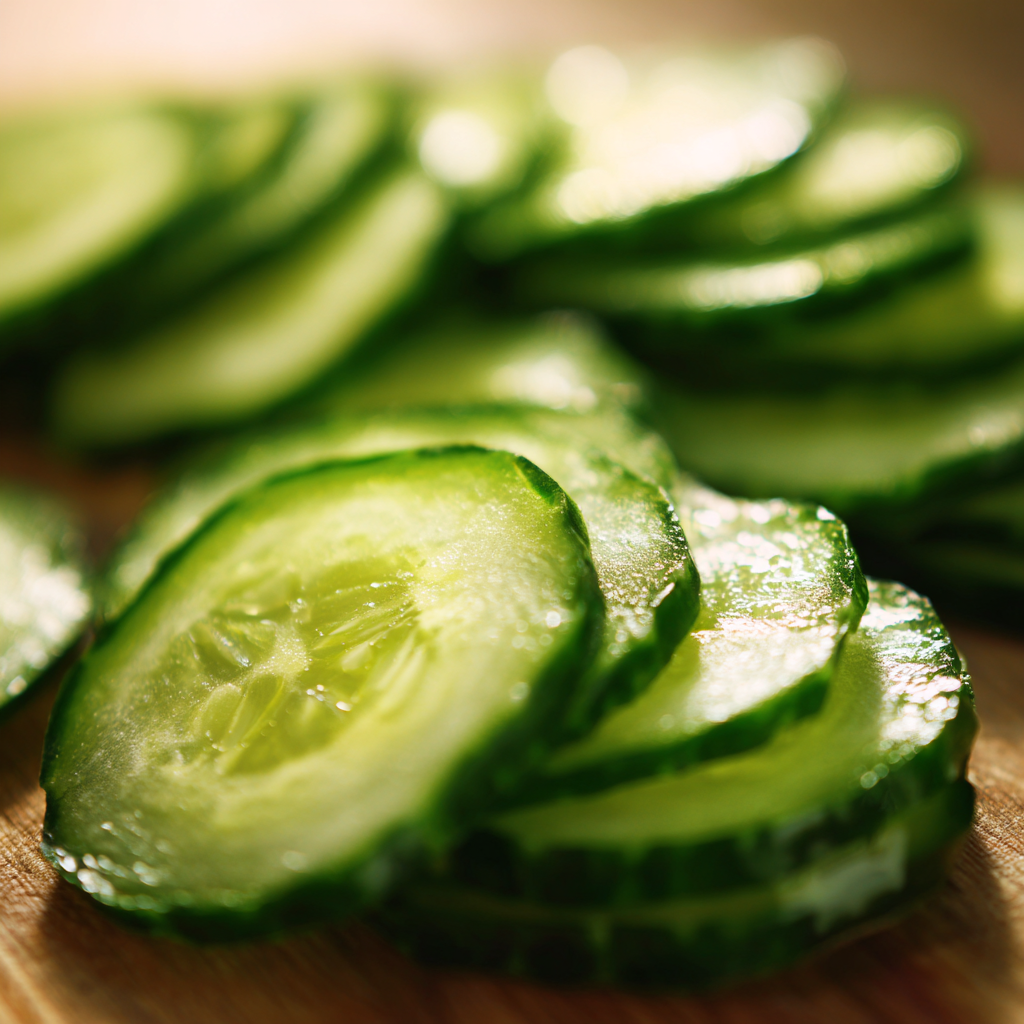 Close up of sliced cucumbers with dressing
