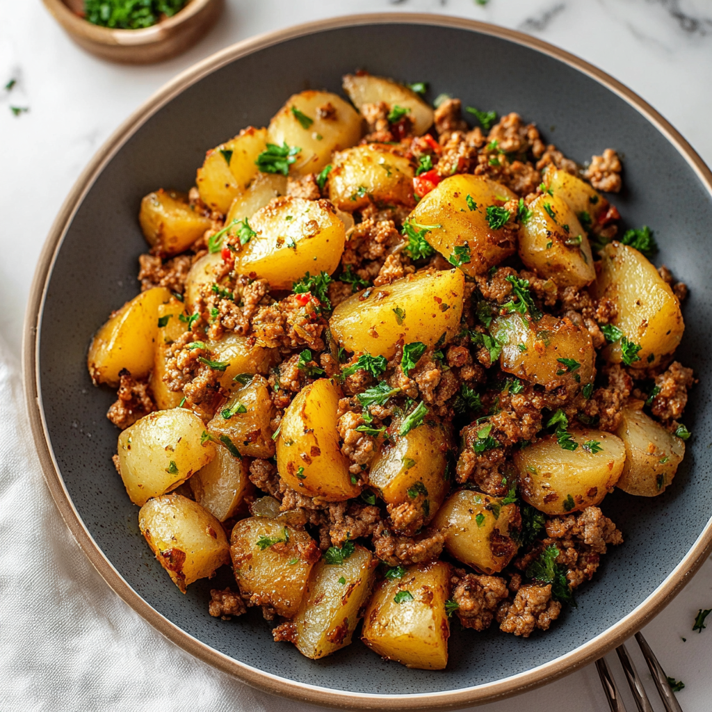 Curried ground turkey in pot with potatoes