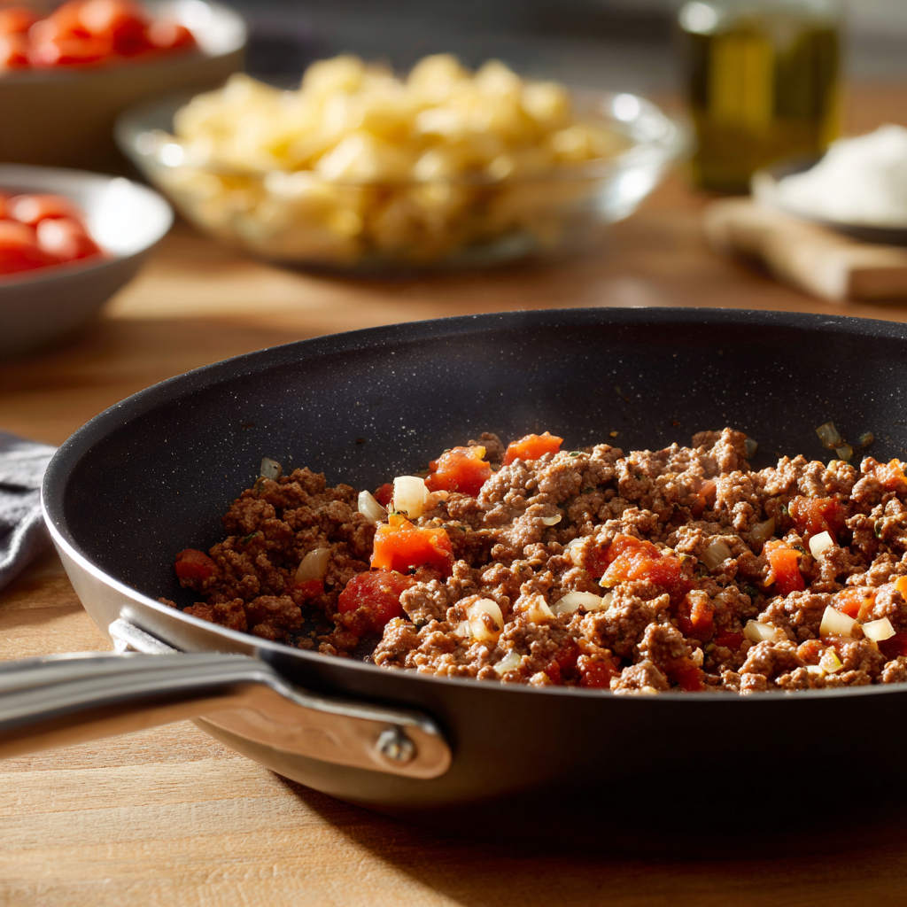 Bowl of goulash with a sprinkle of parsley