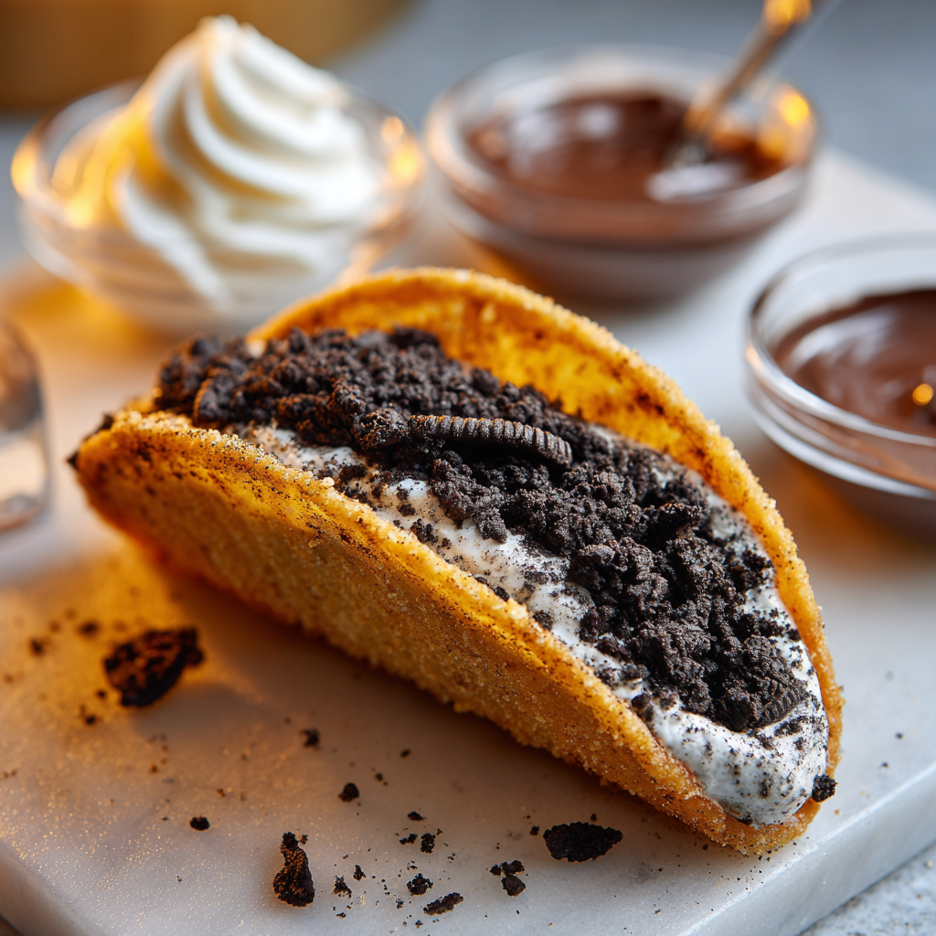 Close-up of a fried Oreo with powdered sugar
