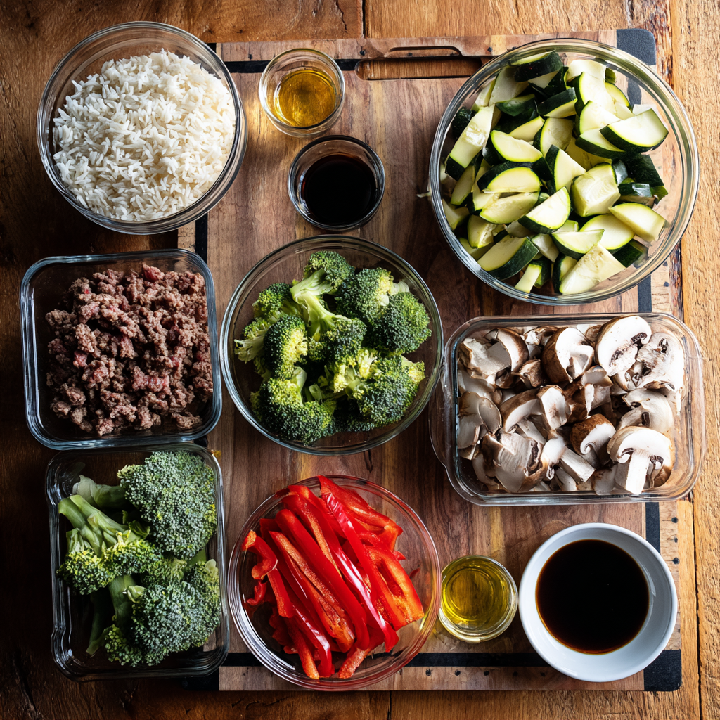 Korean beef bowls with rice and vegetables in bowls