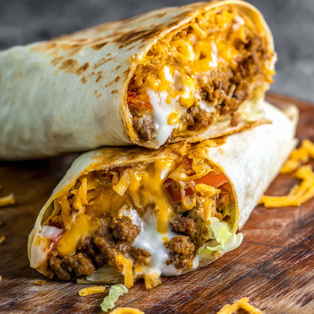 Beefy Melt Burrito assembly with cheese dip and Fritos