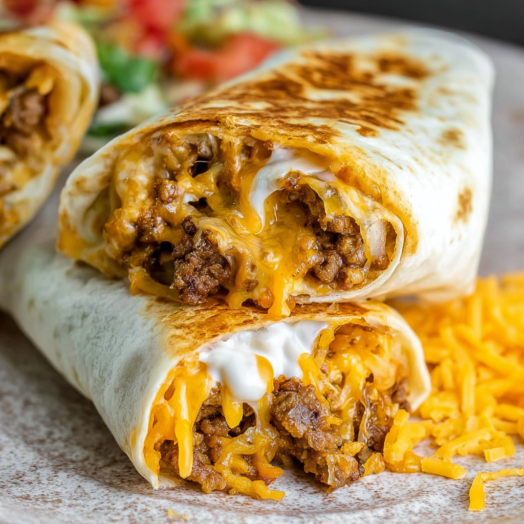 Toasted Beefy Melt Burrito on a skillet
