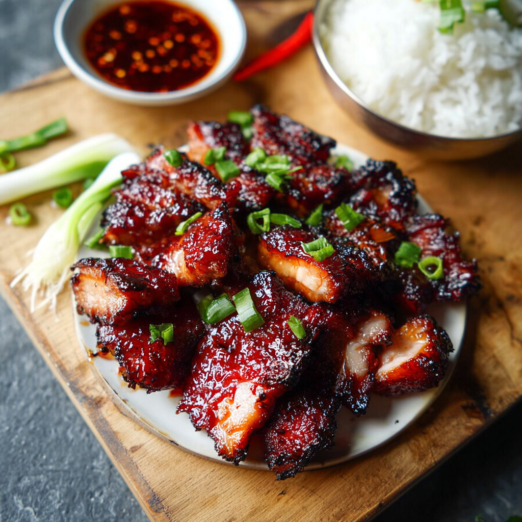 Char siu pork glazed and resting on a rack