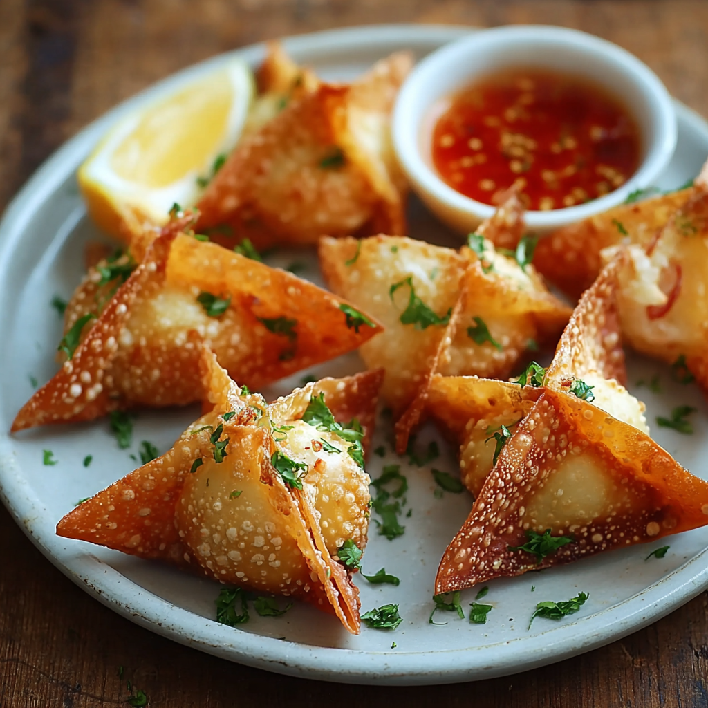 Close up of a single rice paper crab rangoon